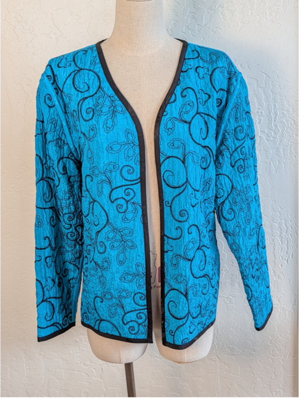 Chicos 100% Silk Embroidery Open Front Jacket Blue Black Floral Trim Art To Wear - Picture 3 of 14